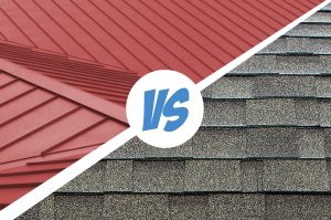Comparison of metal roofing and shingle roofing, highlighting key differences in durability, cost, maintenance, and energy efficiency. Image showcases examples of both roofing types for homeowners in Northeast Indiana and Northwest Ohio.